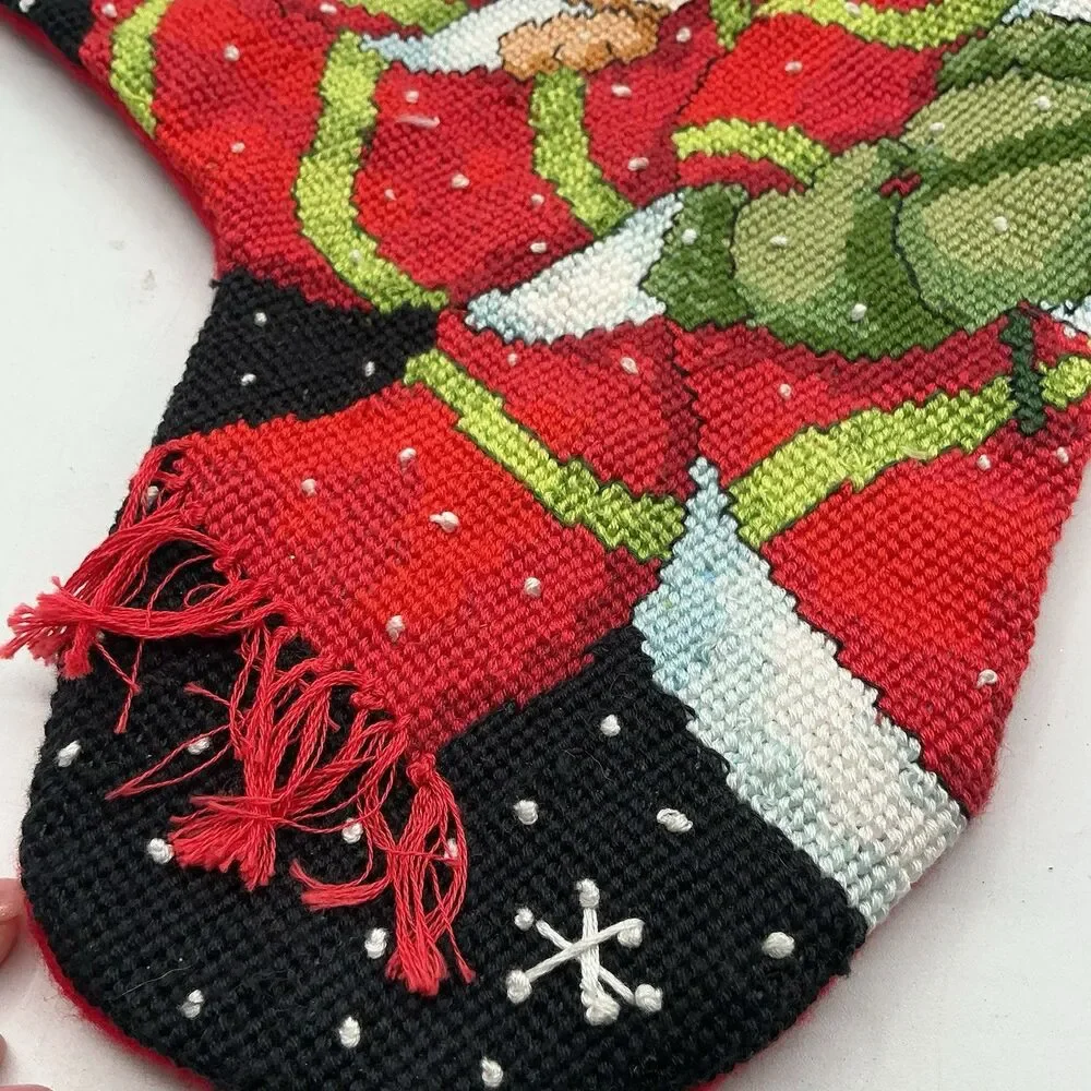 Handmade Needlepoint Christmas Stocking Snowman Teddy Bear 15” Red Felt Back